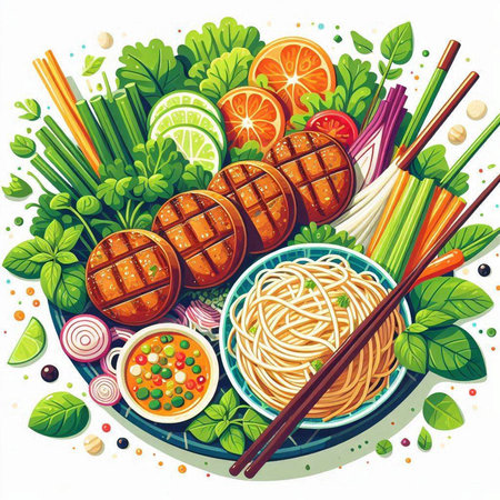 Vector illustration of Asian food with meat, noodles, vegetables and condiments