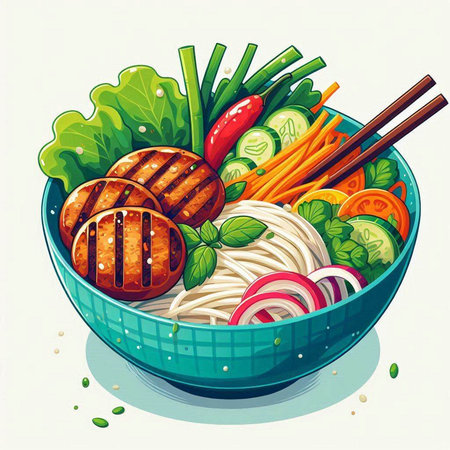 Bowl of noodle with meatballs and vegetables, vector illustration