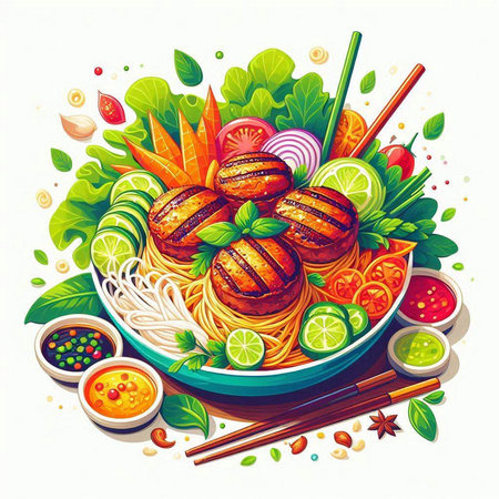 Bowl of Asian noodle soup with meatballs and vegetables. Vector illustration.