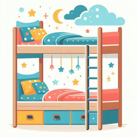 Bunk bed with pillows and a ladder. Vector illustration.