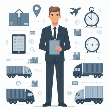 Vector illustration of a delivery man in a business suit with a clipboard and a set of icons on the background.のイラスト素材