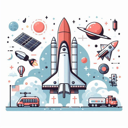 Space exploration, rocket, spaceship, solar panels. Vector illustration.
