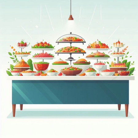 Catering buffet with fresh fruits and vegetables. Vector illustration.