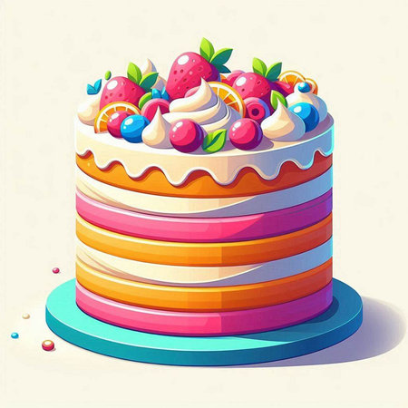 Cake with cream and berries. Vector illustration in cartoon style.