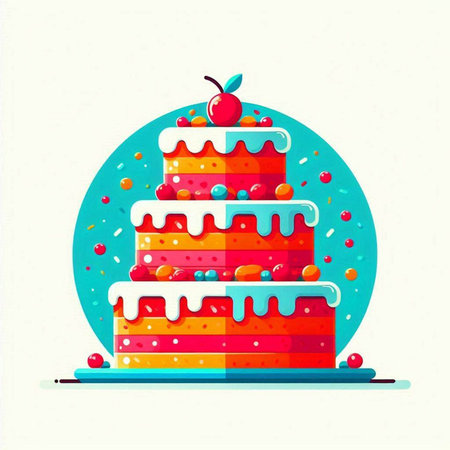 Birthday cake with cherry and marmalade. Vector illustration.