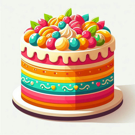 Birthday cake with colorful cream and marmalade, vector illustration