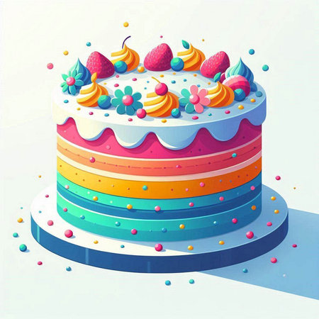 Birthday cake with multicolored cream and berries. Vector illustration.