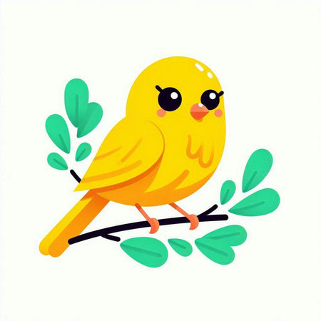 Cute yellow bird on a branch. Vector illustration in cartoon style.のイラスト素材
