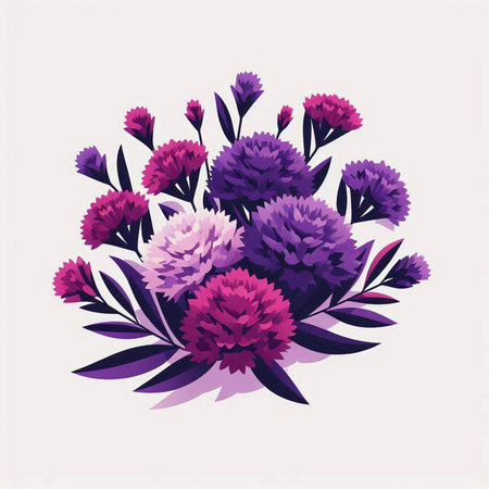 Bouquet of purple flowers with leaves. Hand drawn vector illustration.のイラスト素材