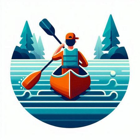 Man in a kayak on the river. Flat vector illustration.