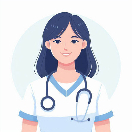 Young female doctor with stethoscope. Vector illustration in cartoon style.のイラスト素材