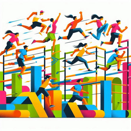 Group of people jumping over obstacles. Concept of sport, healthy lifestyle, vector illustration