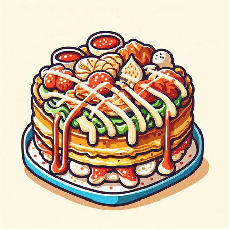 Illustration of a cake on a plate with a strawberry jam.