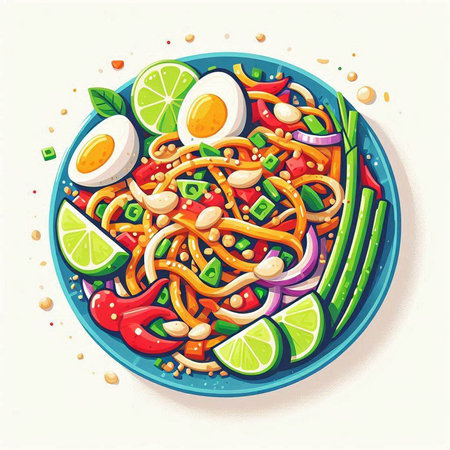 Salad with noodles, vegetables and egg in blue plate. Vector illustration.