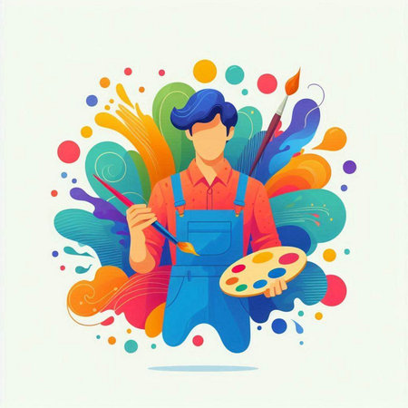 Vector illustration of painter with palette and brush on abstract colorful background.