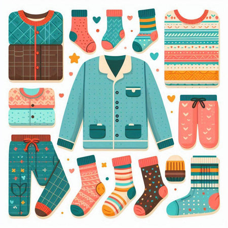 Set of cute knitted winter clothes and accessories. Vector illustration.