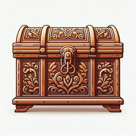 Wooden chest with floral ornament on white background. Vector illustration.
