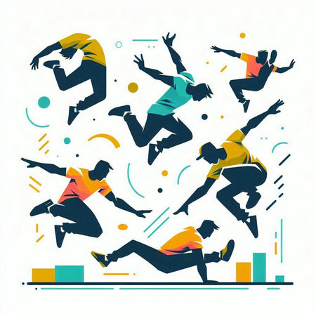 Vector illustration of a group of sportsmen jumping in the air.