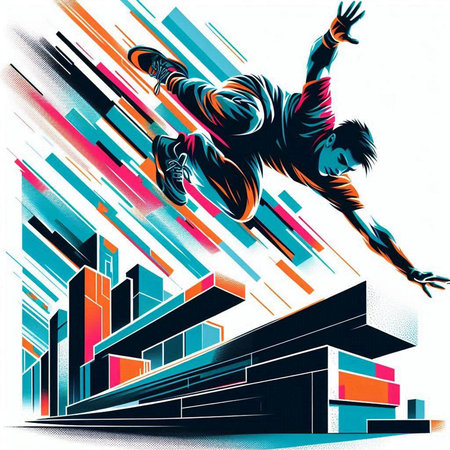 Skateboarder jumping in the city. Sport vector illustration.