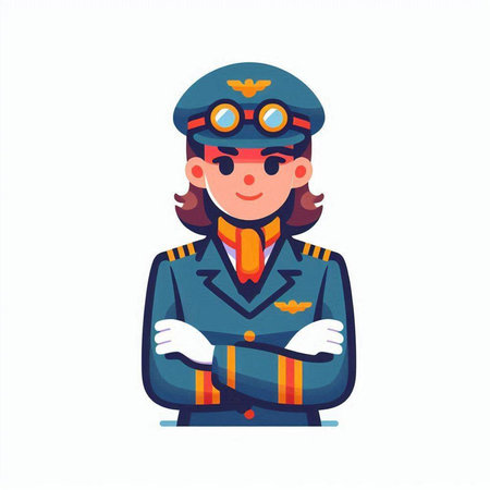 Vector illustration of a female pilot in uniform isolated on white background.