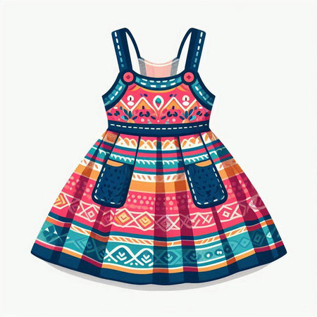 Fashionable women's dress with ethnic pattern. Vector illustration.