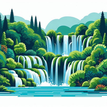 Waterfall background with green forest and river. Vector illustration for your designのイラスト素材