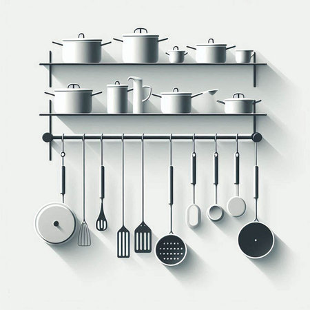 Kitchen utensils on the shelf. Flat design style.のイラスト素材
