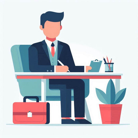 Businessman sitting at the desk in office, vector illustration in flat styleのイラスト素材