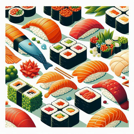 Seamless pattern of japanese sushi and rolls. Vector illustrationのイラスト素材