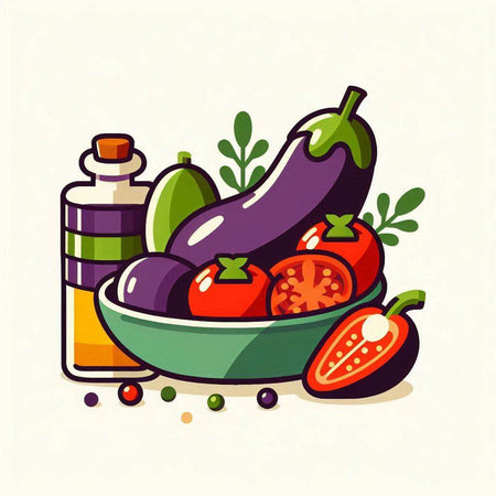 Vector illustration of fresh vegetables in bowl with olive oil, tomato and pepper.のイラスト素材