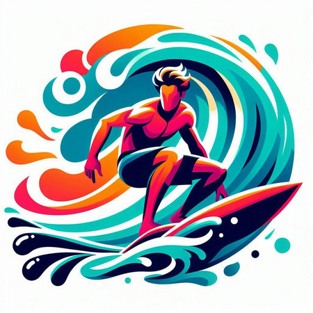 Surfer with surfboard on the waves. Colorful vector illustration.