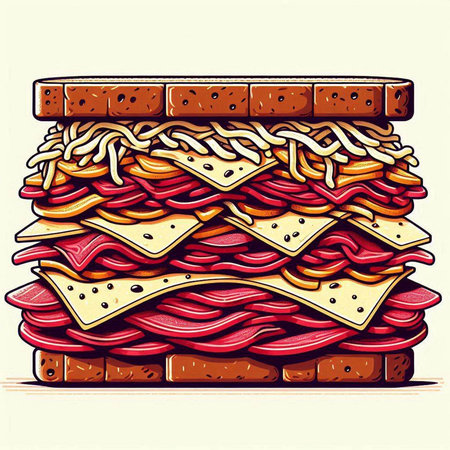 Vector illustration of a sandwich with ham, cheese and salami.