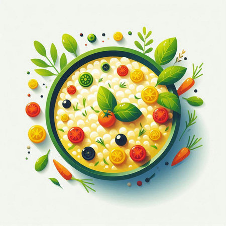 Illustration of fresh vegetable salad with feta cheese, olives, tomatoes and herbs