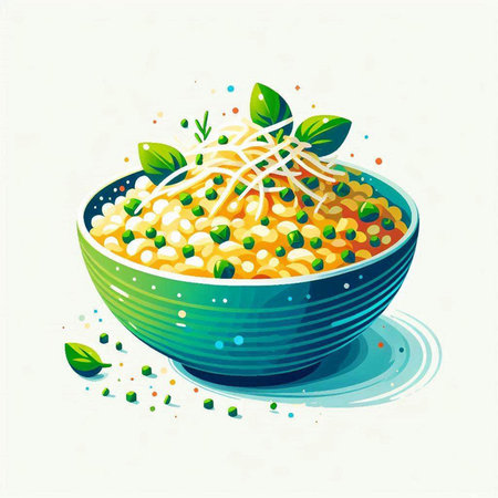 Illustration of a bowl of risotto with green peas and basil