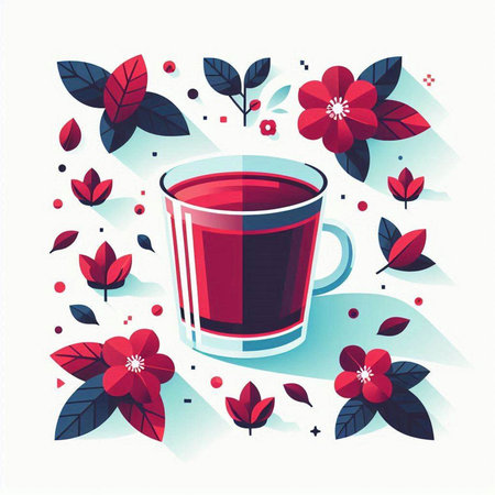 Cup of tea with red flowers and leaves. Vector illustration.のイラスト素材