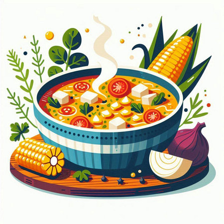 Illustration of a bowl of vegetable soup with corn, tomatoes and onionsのイラスト素材