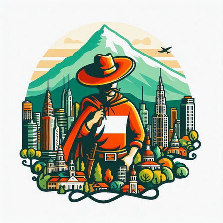 Vector illustration of a cowboy in a hat on the background of the city.のイラスト素材