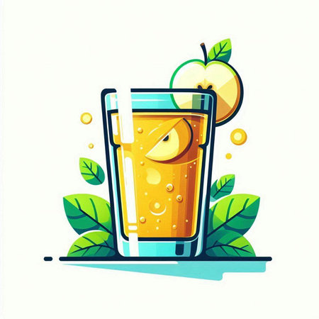 Vector illustration of a glass of orange juice with apple and green leaves.のイラスト素材