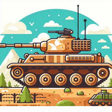 Military tank on the battlefield. Vector illustration in flat cartoon style.