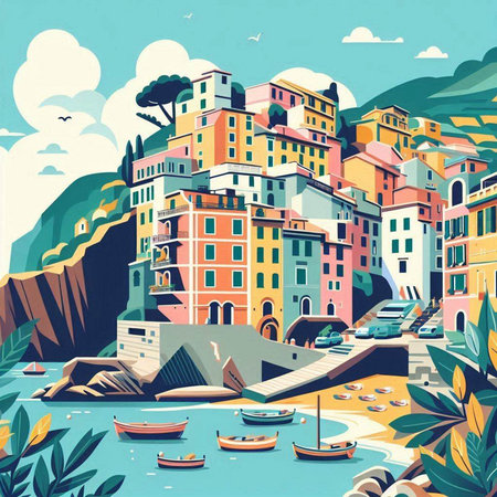 Riomaggiore, Cinque Terre, Italyのイラスト素材