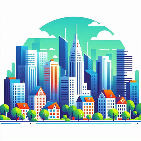 City landscape with skyscrapers and green trees. Vector illustration.のイラスト素材