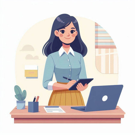 Young business woman working on laptop at office desk. Vector illustration.のイラスト素材