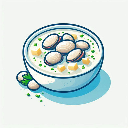 Illustration of a bowl of clam soup on a white background.