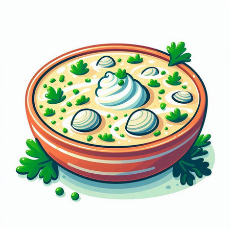 Bowl of soup with cream and parsley. Vector illustration.のイラスト素材