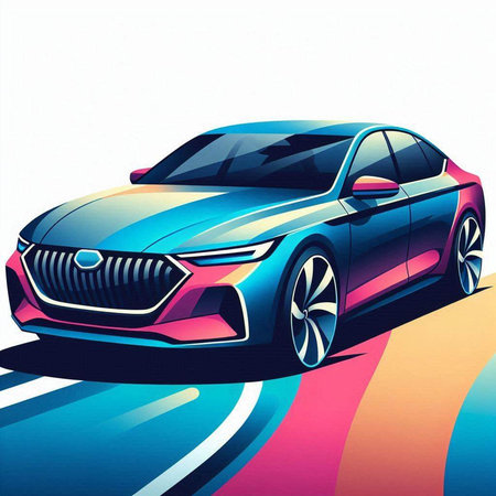 illustration of a sports car on a background of colored stripes.