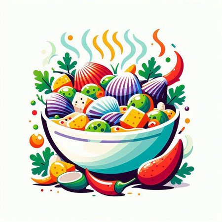 Illustration of a bowl of fresh fruits and vegetables on a white backgroundのイラスト素材