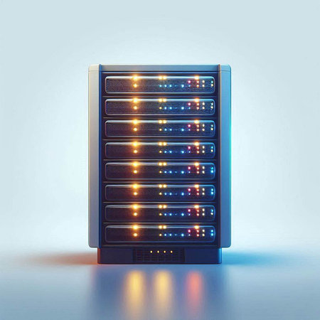 3D rendering of a blue server with LED lights and reflections.