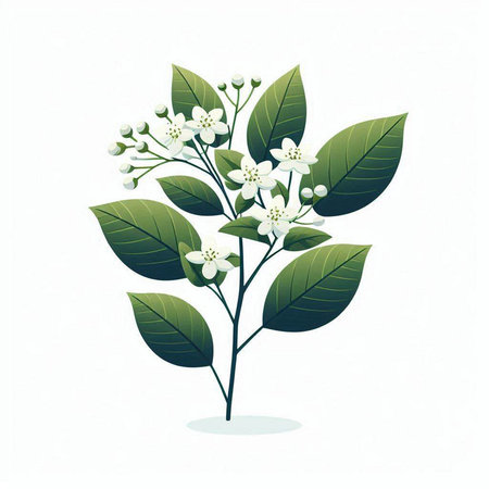 branch of jasmine flowers with green leaves on white backgroundのイラスト素材