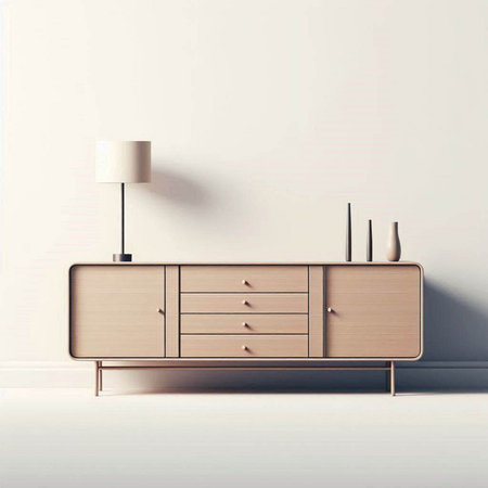 Wooden chest of drawers in modern interior. 3d render