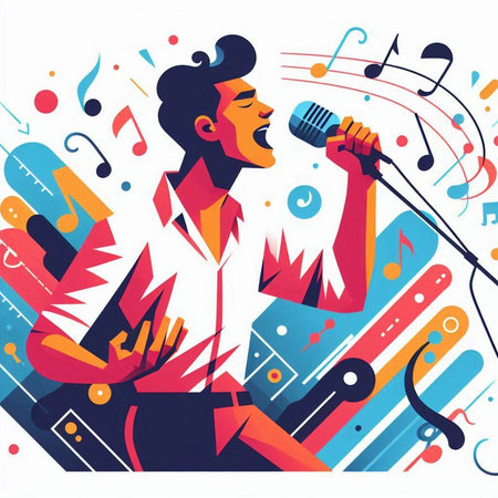 Vector illustration of a young man singing into a microphone at a party.のイラスト素材